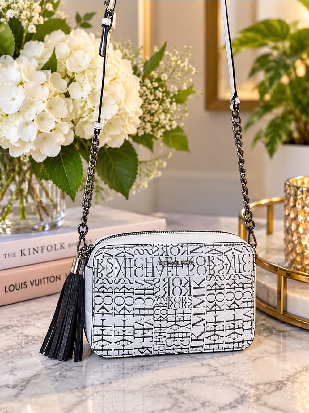 Michael Kors Ginny Newspaper Print Leather Crossbody Bag